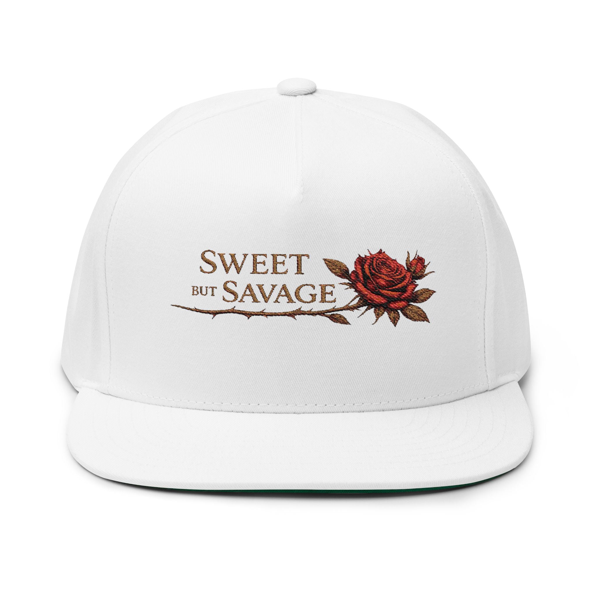 Sweet but Savage Rose Embroidered Cap | Elegant Floral Script Flat Bill Ha