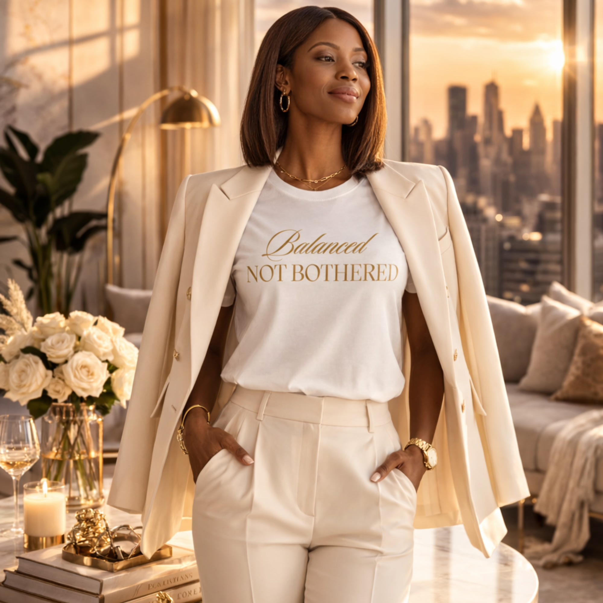 Balanced, Not Bothered Tee | Gold Letter Statement T Shirt