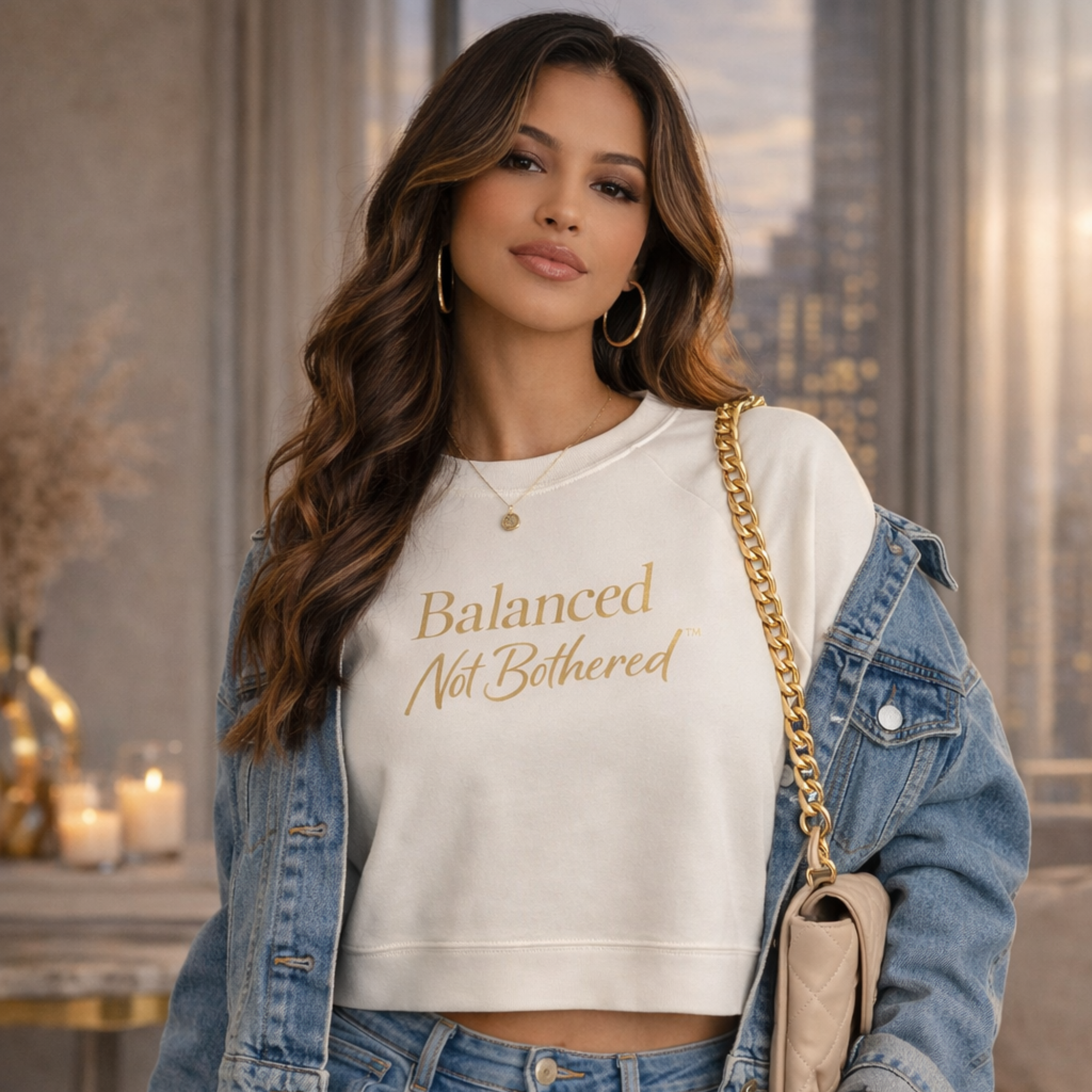 Balanced Not Bothered™ Cropped Fleece Pullover, Gold Script Navy Sweatshirt