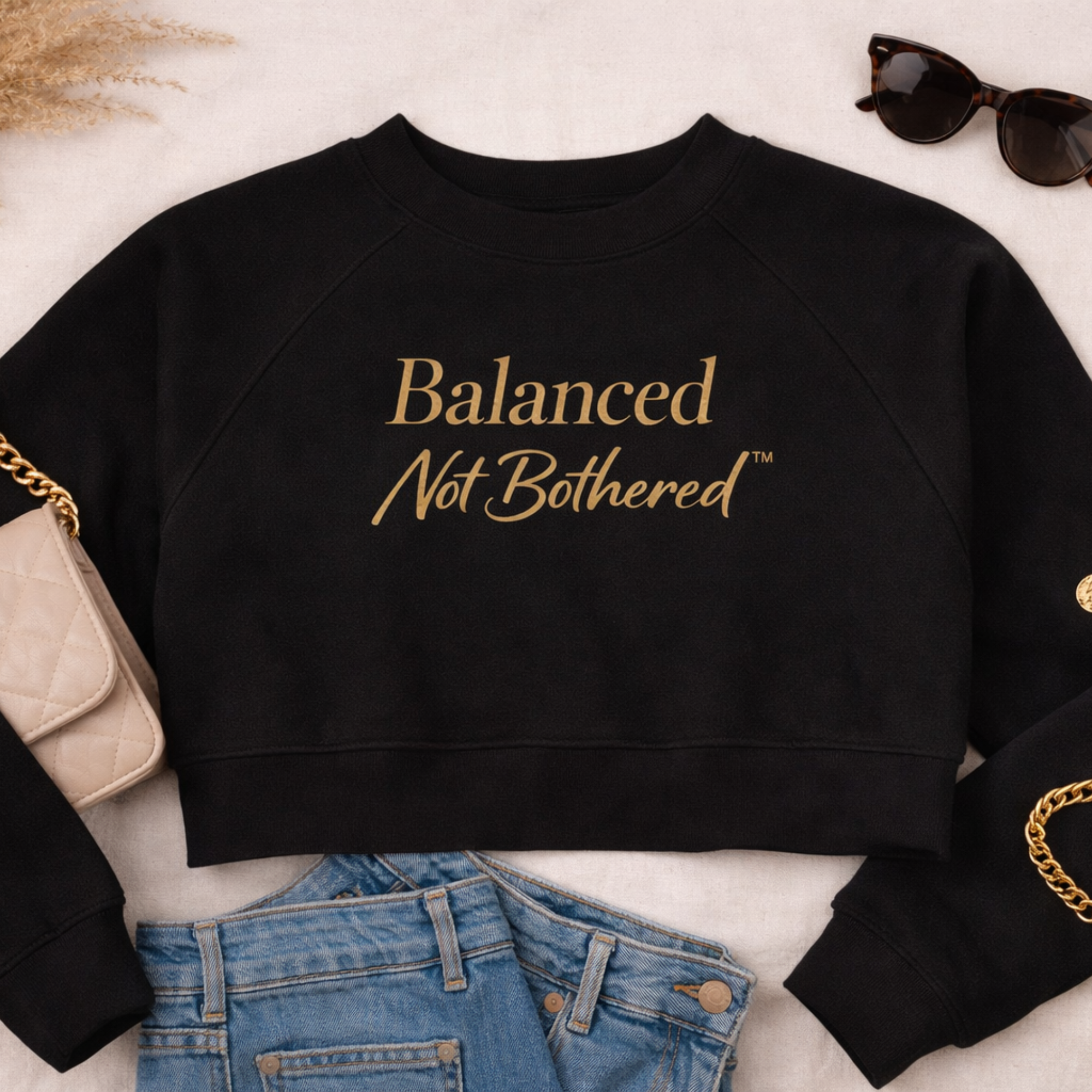 Balanced Not Bothered™ Cropped Fleece Pullover, Gold Script Navy Sweatshirt
