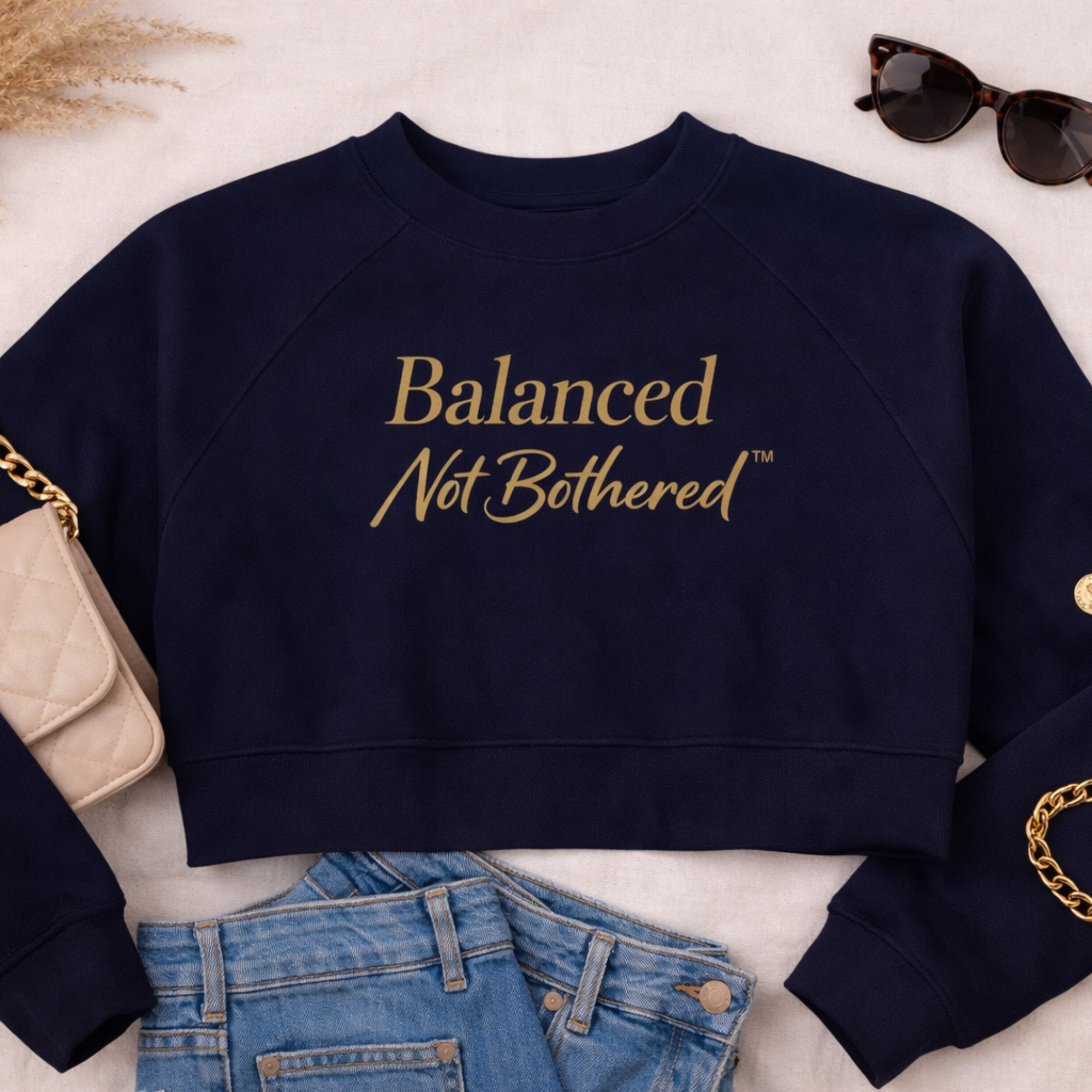 Balanced Not Bothered™ Cropped Fleece Pullover, Gold Script Navy Sweatshirt