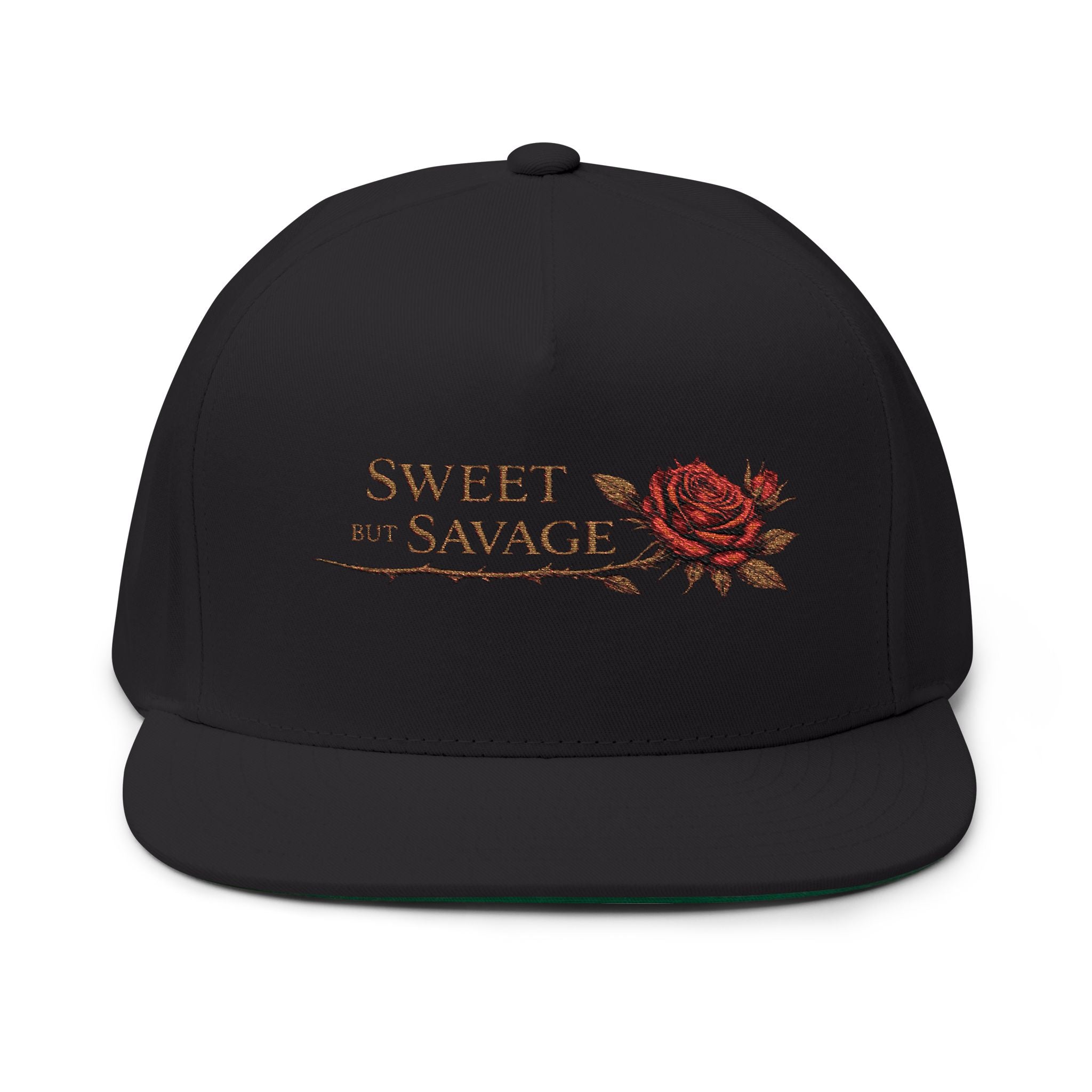 Sweet but Savage Rose Embroidered Cap | Elegant Floral Script Flat Bill Ha